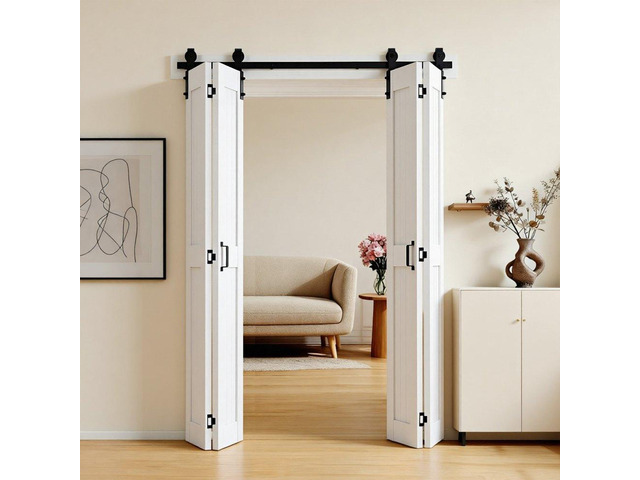 Bifold Barn Door, 48' x 84', MDF Bi-Fold Sliding Closet Doors, Hardware Kit Included, H-Frame Space-Saving Design, Pre-Assembled Panels for...