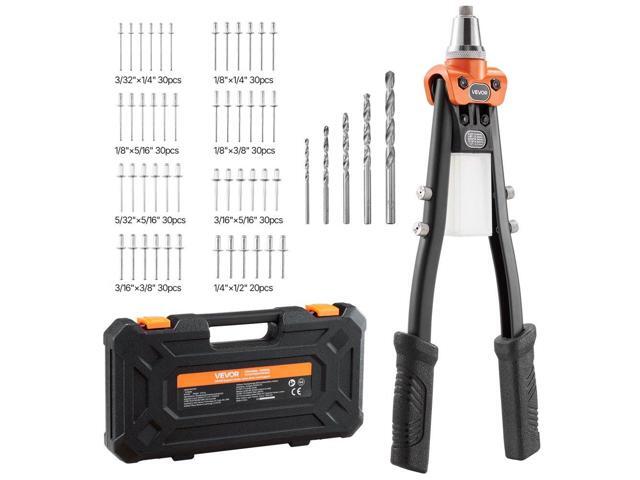 Vevor Pop Rivet Gun Kit, with 230 Blind Rivets, Two-Handed Riveter with 5 Interchangeable Nosepieces, 5 Drill Bits, and a Carrying Case, Manual...