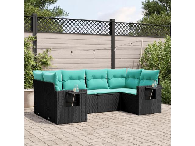 vidaXL Patio Sofa Set Black, Blue Poly Rattan, Powder-Coated Steel, Fabric