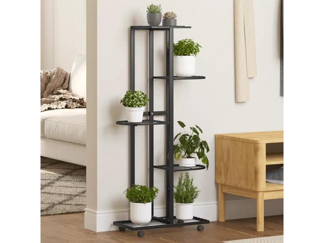 vidaXL Flower Stand Black Powder-coated iron Tall Rollable