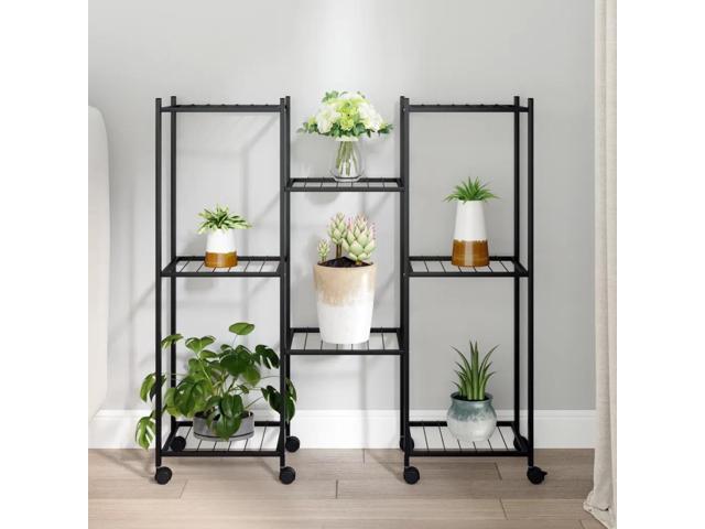 vidaXL Flower Stand Black Powder-Coated Iron Tall Rollable