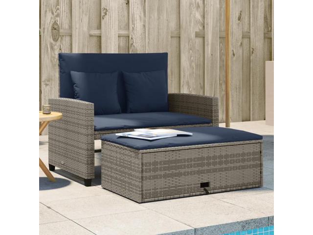 vidaXL Patio Sofa Grey and Navy Blue PE rattan and powder-coated steel