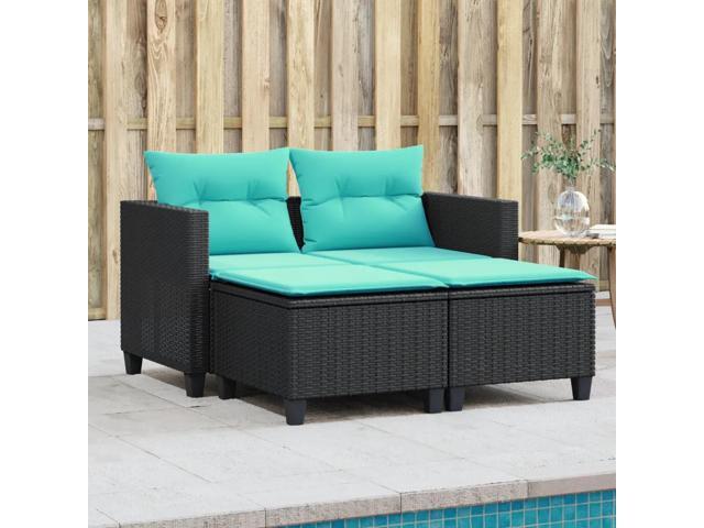 vidaXL Garden Sofa Black, Blue PE rattan, powder-coated steel, fabric