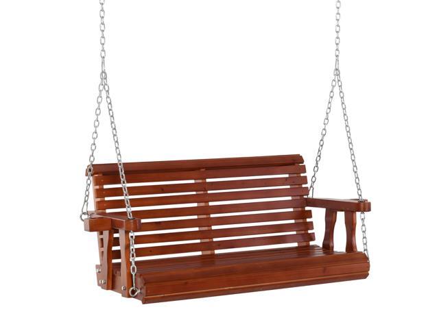 Aosom Porch Swing with Chains and Cupholders, 2 Person Wooden Patio Swing Chair, 440 lbs. Weight Capacity, for Garden, Poolside, Backyard, Brown