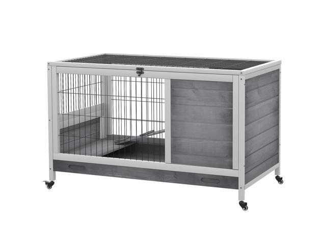 Aosom Indoor Rabbit Enclosure, Wooden Elevated Cage Habitat with Enclosed Run with Wheels - Ideal for Rabbits and Guinea Pigs