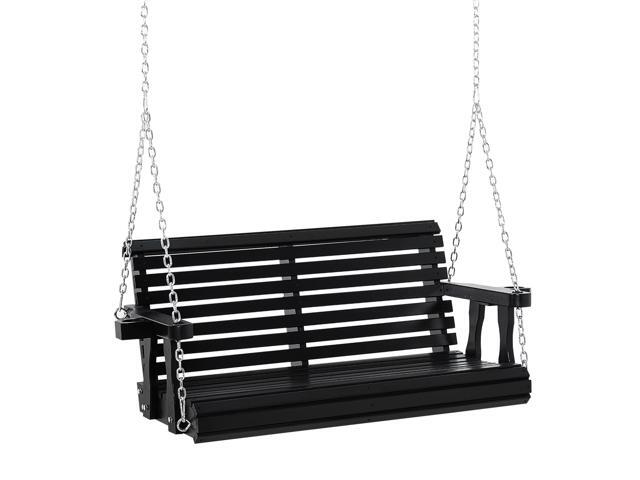 Aosom Porch Swing with Chains and Cupholders, 2 Person Wooden Patio Swing Chair, 440 lbs. Weight Capacity, for Garden, Poolside, Backyard, Black