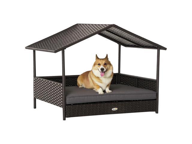 Aosom Wicker Dog House Outdoor with Canopy, Rattan Dog Bed with Water-resistant Cushion, Raised Pet Bed for Small, Medium Breeds up to 66 lbs, 20'...
