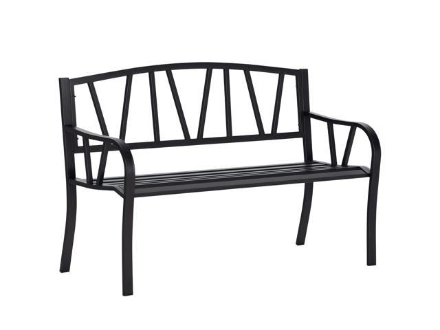 Aosom 50' Outdoor Bench, Metal Garden Bench with V-Shaped Pattern Backrest, Porch Bench with Slatted Seat for Park, Yard, Lawn, Black
