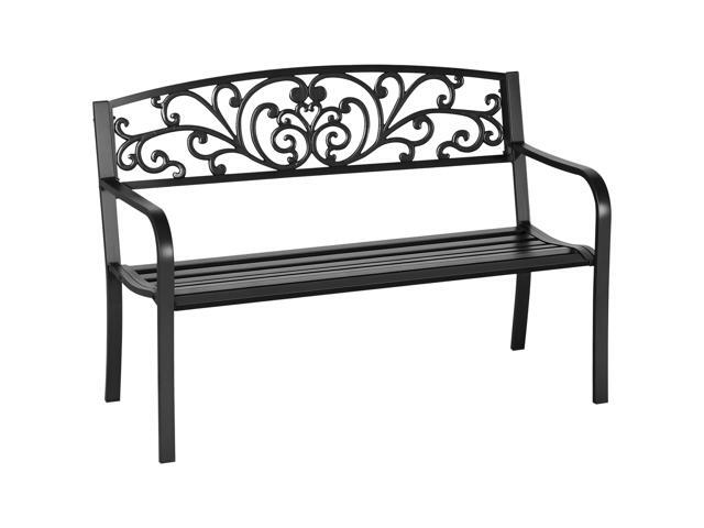 Aosom 50' Outdoor Bench, Metal Garden Bench with Floral Pattern Backrest, Porch Bench with Slatted Seat for Park, Yard, Lawn, Black