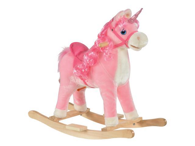 AosomQaba Kids Rocking Horse, Ride on Unicorn with Wooden Base, Tail Wag & Sounds for Toddlers 3-6 Years Old, Pink