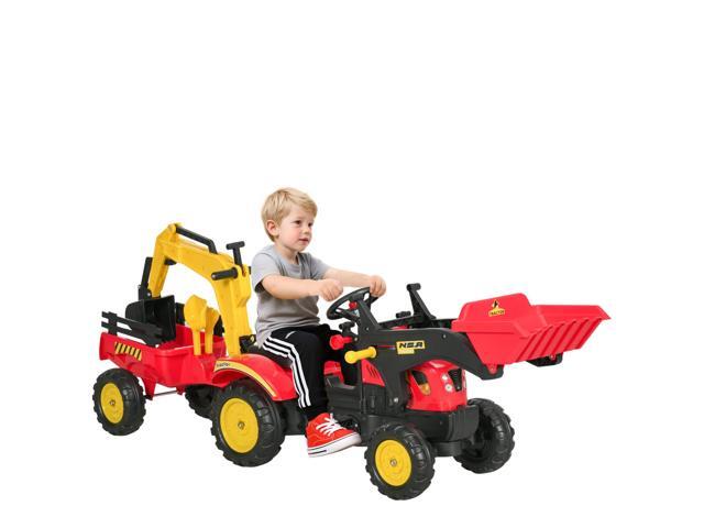 Aosom 3 in1 Kids Ride On ExcavatorBulldozer Pedal car Digger Toy Move ForwardBack with 6 Wheels and Detachable cargo Trailer
