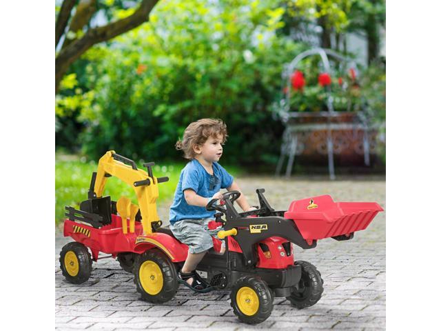 Aosom 3 in1 Kids Ride On ExcavatorBulldozer Pedal car Digger Toy Move ForwardBack with 6 Wheels and Detachable cargo Trailer
