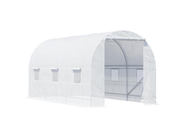 Aosom 15' x 7' x 7' Walk-In Tunnel Greenhouse, Large Garden Hot House Kit with 6 Roll-up Windows & Roll Up Door, Steel Frame, White