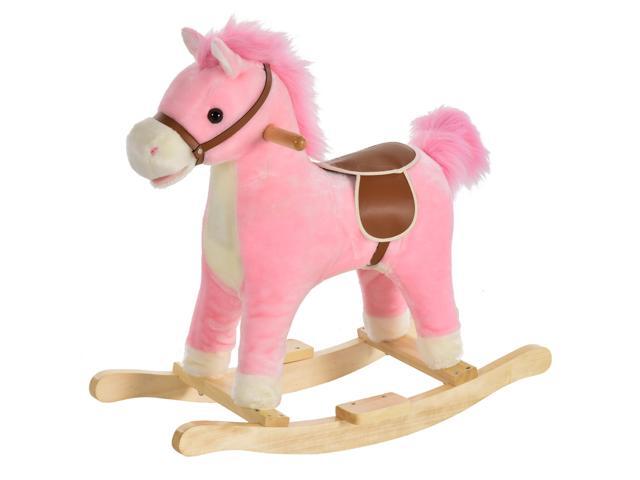 AosomQaba Rocking Horse Plush Animal on Wooden Rockers, Baby Rocking Chair with Sounds, Moving Mouth, Wagging Tail, Pink