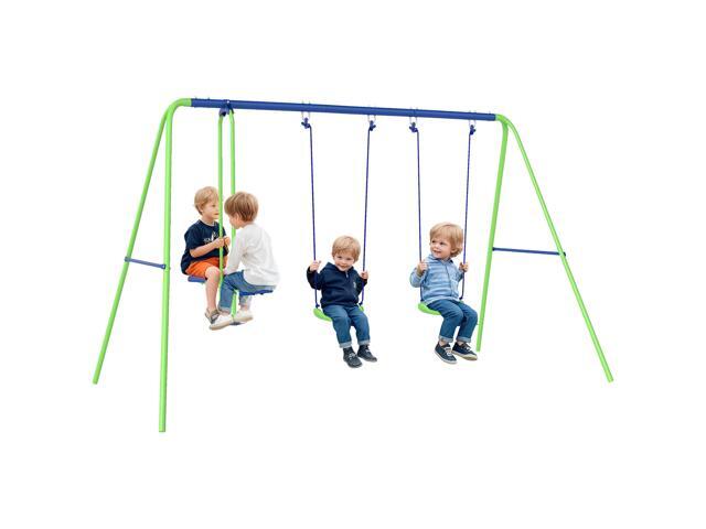 Aosom Metal Swing Set with Glider, Two Swing Seats and Adjustable Height, Outdoor Heavy Duty A-Frame Suitable for Playground, Backyard, Green