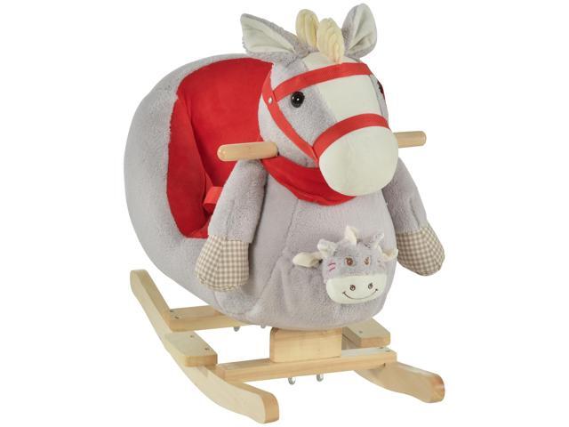 AosomQaba Kids Ride-On Rocking Horse Toy, Rocker with Lullaby Song, Hand Puppets & Soft Plush Fabric for Children 18-36 Months, Gray