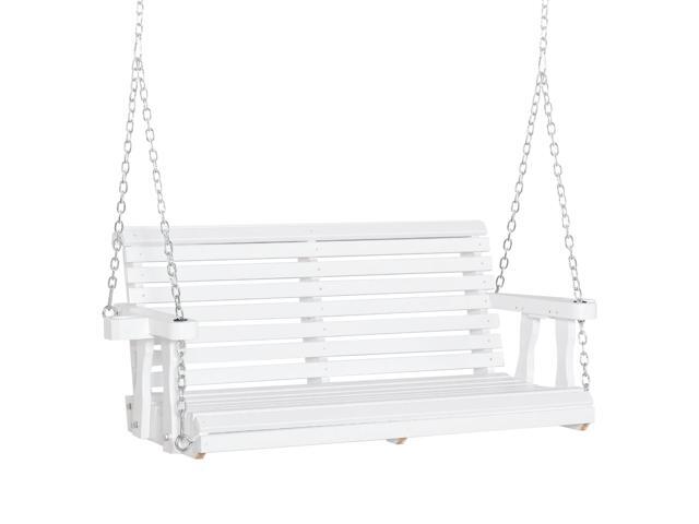 Aosom Porch Swing with Chains and Cupholders, 2 Person Wooden Patio Swing Chair, 440 lbs. Weight Capacity, for Garden, Poolside, Backyard, White