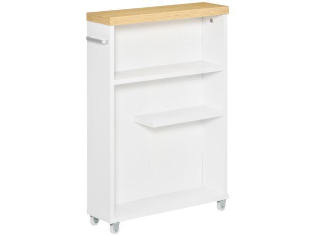 Aosom Slim Bathroom Cabinet with Castor Wheels Storage Organizer and Wood Shelves To Fit In Small Spaces, White