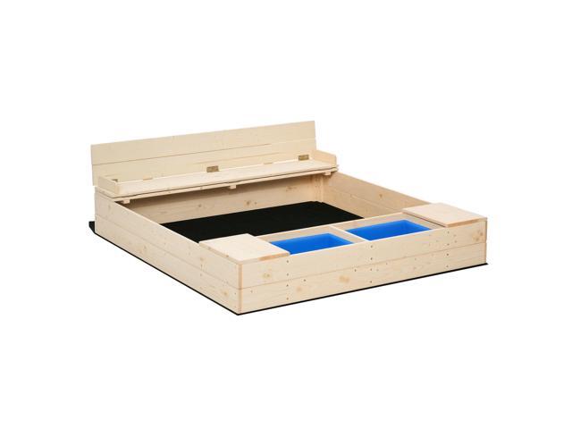Aosom Kids Wooden Sandbox w/ Two Plastic Boxes Foldable Bench Seat Waterproof Cover Bottom Liner Storage Space
