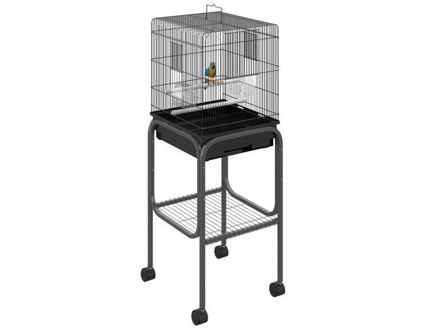 Aosom 45-inch Metal Indoor Bird Cage, Parrot Cage, Bird Aviary with Detachable Rolling Stand, Storage Basket, and Accessories - Black