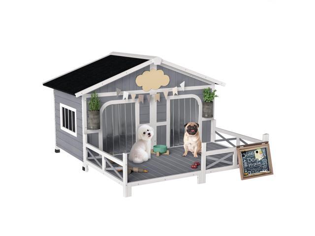 Aosom Dog House Outdoor, Wooden Dog Kennel Weatherproof with Porch, Openable Roof, Removable Bottom, Elevated Floor, Double Room for 2 Small to...