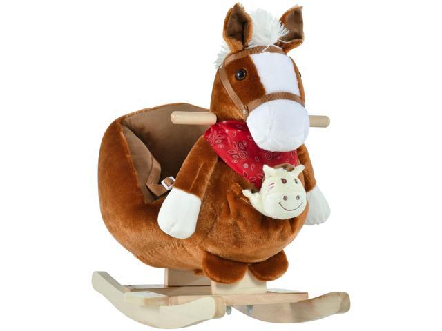 AosomQaba Kids Ride-On Rocking Horse Toy, Rocker with Lullaby Song, Hand Puppets & Soft Plush Fabric for Children 18-36 Months, Brown
