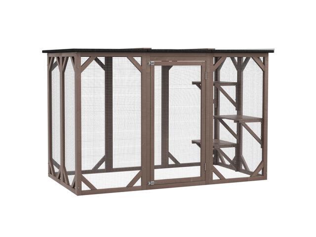 Aosom Outdoor Cat House, Catio Wooden Feral Cat Shelter, Cat Cage with Platforms, Large Enter Door, Weather Protection Asphalt Roof, 71' L, Brown