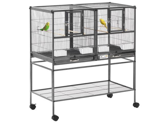 Aosom Divided Breeder Bird Cage with Rolling Stand Removable Metal Tray, Storage Shelf, Wood Perch, and Food Container