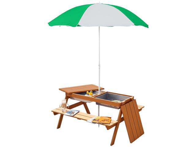 Aosom Kids 3 in 1 Sand and Water Table, Wooden Outdoor Convertible Picnic Table with Umbrella and Storage Inside, Bench Backyard Furniture for...