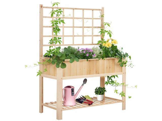 Aosom 47'' Wooden Raised Garden Bed with Trellis, Coutryside Style Elevated Planter Box Stand with Open Storage Shelf, Spacious Planting Area for...