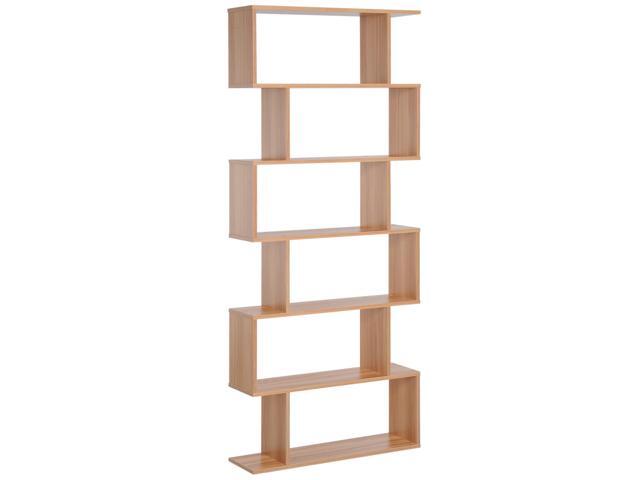 Aosom 75.5' H Bookcase 6 Shelf S-Shaped Bookshelf Wooden Storage Display Stand Shelf Organizer Free Standing, Oak