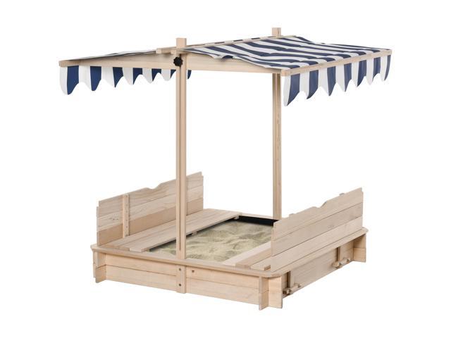 Aosom Covered Sandbox, Woodenï¼with Cover Adjustable Canopy, Detachable Seats and Backrests, Kids Sandbox with Convertible Bench Seat, Bottom...