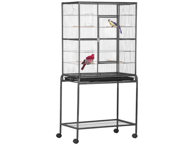 Aosom 30' Rolling Metal Bird Cage Feeder with Detachable Rolling Stand, Storage Shelf, Wood Perch & Food Container