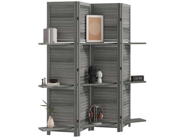Aosom 4 Panel 67' Tall Wood Privacy Screen Room Divider with 3 Shelves and Folding Storage for Bedroom, Gray