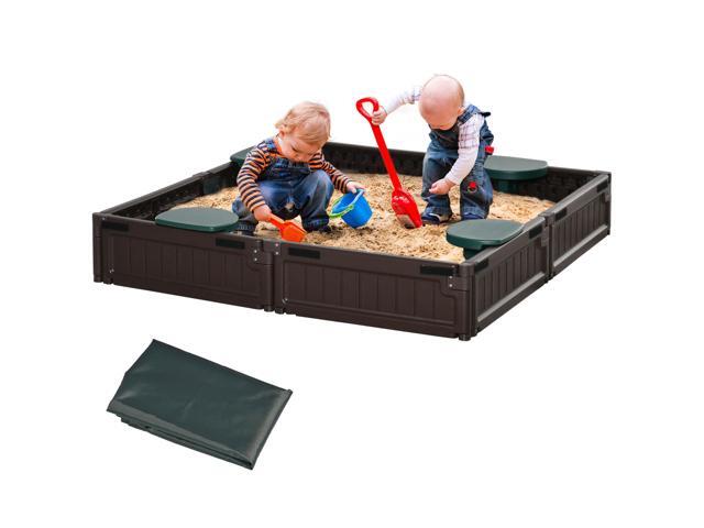 Aosom Kids Outdoor Sandbox with Cover Garden Bed, Easy Assembly for Backyard, Brown, 48.5' x 48.5' x 8.25'