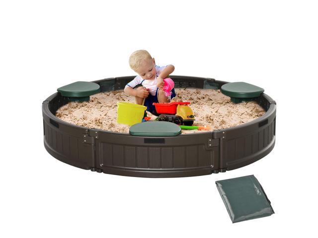 Aosom Kids Outdoor Sandbox with Cover Garden Bed Sand Pit, Easy Assembly Children's Round Sandbox for Backyard, Brown, 48.5' x 48.5' x 8.75'