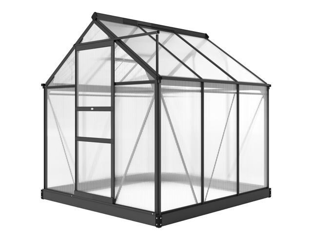 Aosom Polycarbonate Greenhouse, Heavy Duty Outdoor Aluminum Walk-in Green House Kit Vent Door, 6.2'x6.2'x6.6' Gray