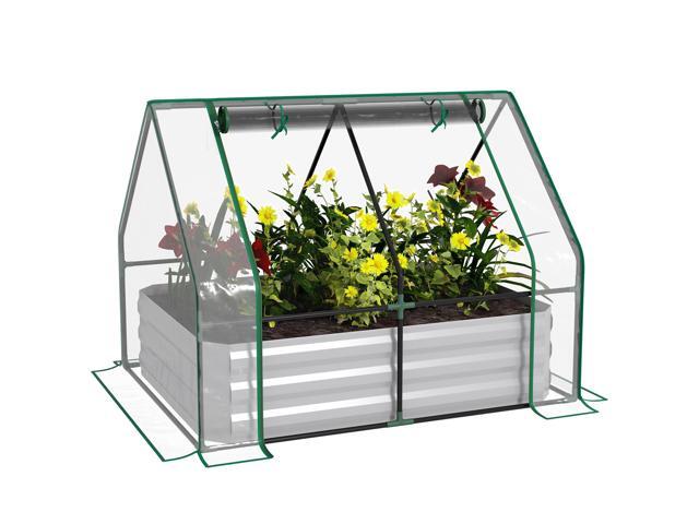 Aosom Raised Garden Bed with Cover, Outdoor Galvanized Metal Planter Box Kit, 4 x 3 ft Mini Greenhouse with 2 Large Screen Windows, for Growing...