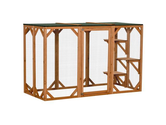 Aosom Outdoor Cat House, Catio Wooden Feral Cat Shelter, Cat Cage with Platforms, Large Enter Door, Weather Protection Asphalt Roof, 71' L, Orange