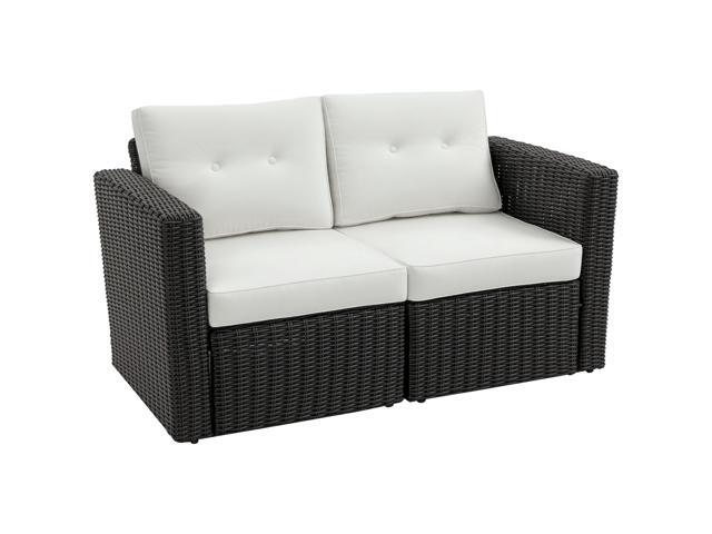 Aosom 2 Piece Patio Wicker Corner Sofa Set, Outdoor PE Rattan Furniture, with Curved Armrests and Padded Cushions for Balcony, Garden, or Lawn, Beige