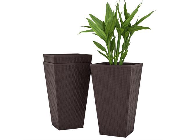 Aosom Set of 3 Tall Planters with Drainage Hole, 24' Outdoor Flower Plant Pots, Indoor Planters for Porch, Front Door, Entryway, Patio and Deck, Brown