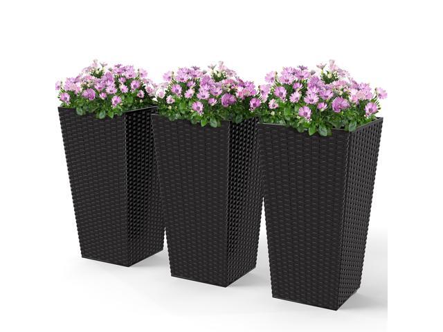 Aosom Tall Planters for Outdoor Plants Set of 3, 24 In Taper Planters with Drainage Holes, Rattan Decor Plant Pots for Indoor Outdoor Front Porch...