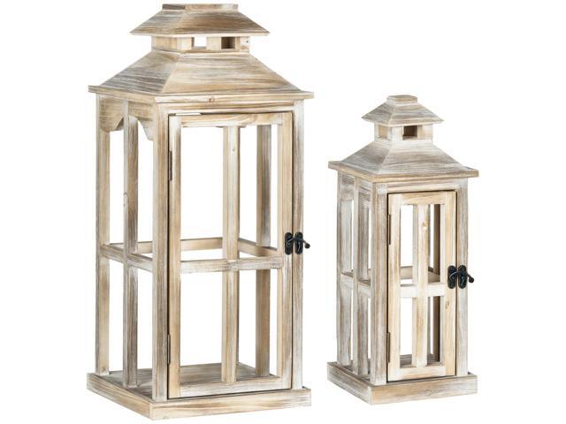 Aosom 2 Pack 28'/20' Large Rustic Wooden Lantern Decorative, Indoor/Outdoor Lantern for Home DÃcor (No Glass), Natural