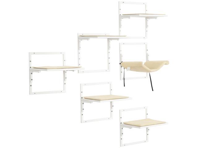 Aosom Cat Shelves for Indoor Cats, 6Pc Modern Cat Wall Furniture with Adjustable Height Jumping Platforms & Hammock, Cream White