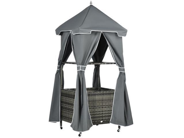 Aosom Outdoor Towel Valet Caddy, Covered Poolside Towel Holder Rack, Shelf, Basket, Rolling PE Rattan Wicker Storage on Wheels, Gray