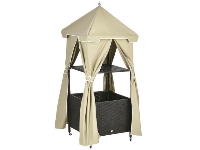 Aosom Outdoor Towel Valet Caddy, Covered Poolside Towel Holder Rack, Shelf, Basket, Rolling PE Rattan Wicker Storage on Wheels, Beige