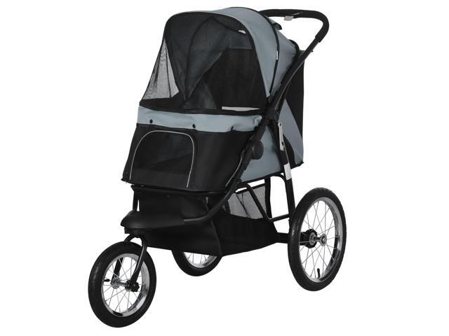 Aosom 3 Wheels Pet Stroller for Small Dogs and Medium Dogs with Adjustable Canopy, Safety Tether, Storage Basket, Gray