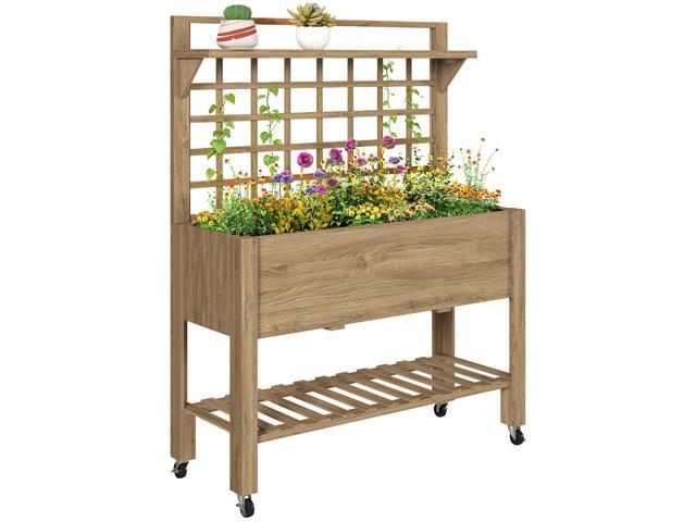 Aosom 41' Raised Garden Bed Mobile Elevated Wooden Planter Box Stand with Wheels, Trellis and Storage Shelf, Dark Brown