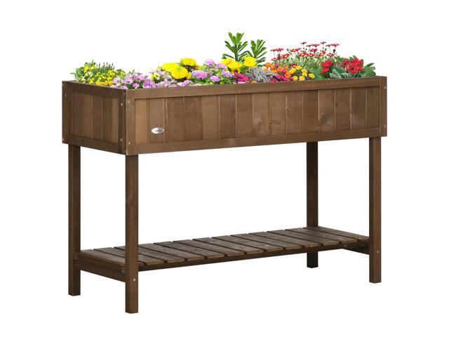 Aosom Wooden Raised Garden Bed, Elevated Planter Box Stand with 8 Slots and Open Shelf, Dark Brown