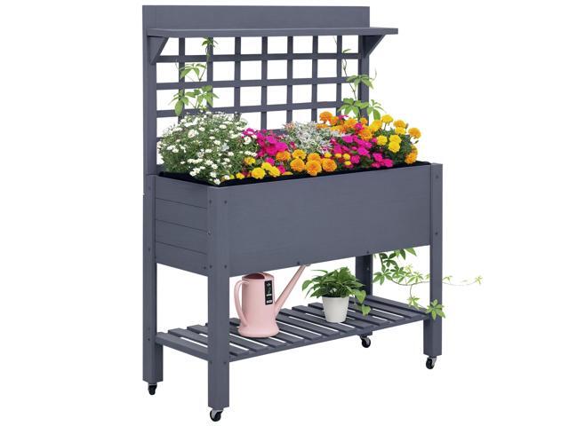 Aosom 41' Raised Garden Bed Mobile Elevated Wooden Planter Box Stand with Wheels, Trellis and Storage Shelf, Gray